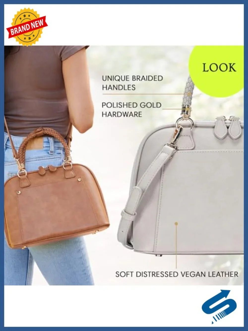 Vegan Leather/Canvas/Straw Satchel Handbag with Top Handle & Crossbody Strap